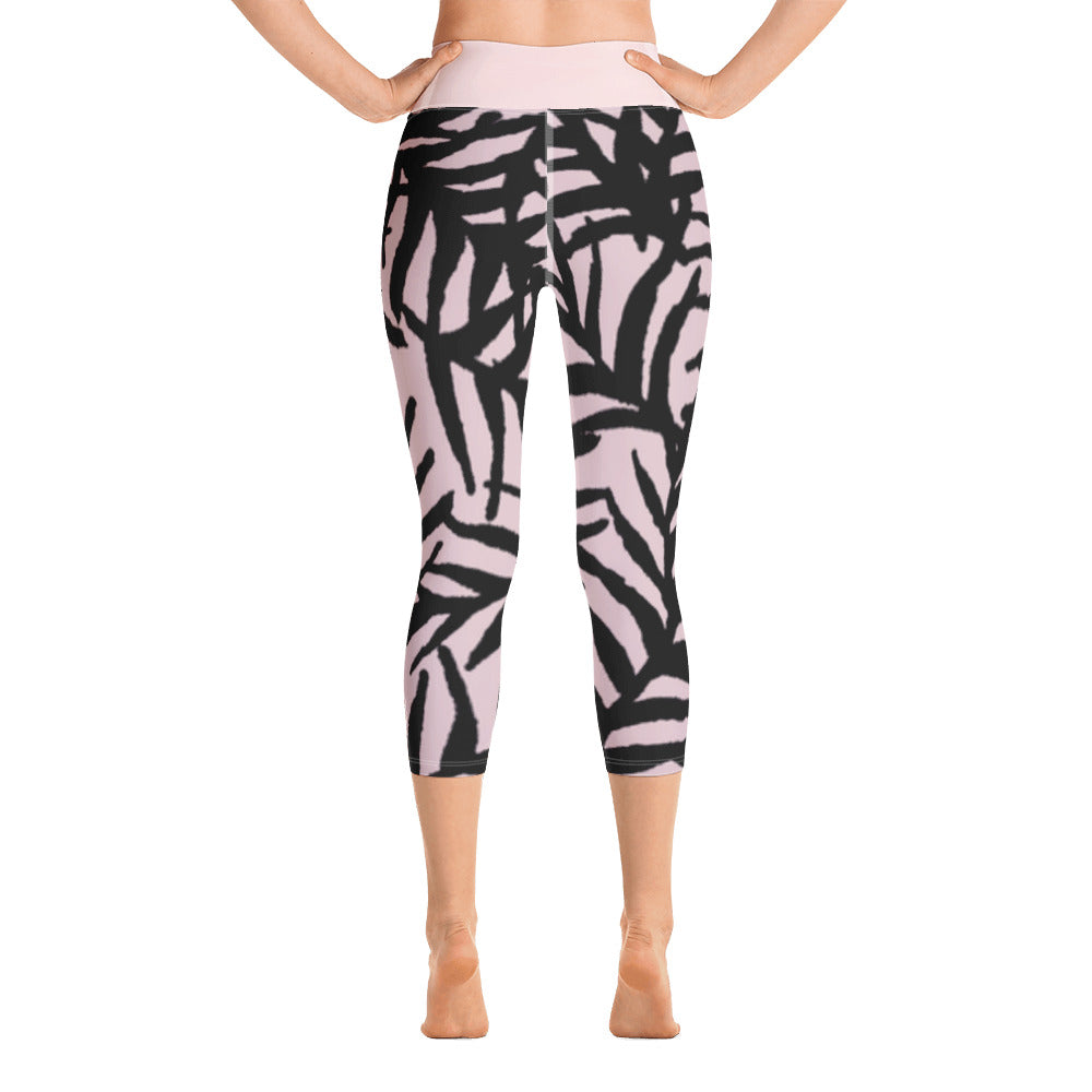 Pink and Black Leaf Yoga Capri Leggings