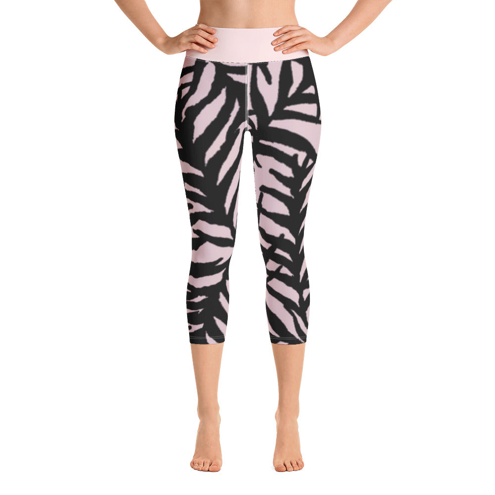 Pink and Black Leaf Yoga Capri Leggings