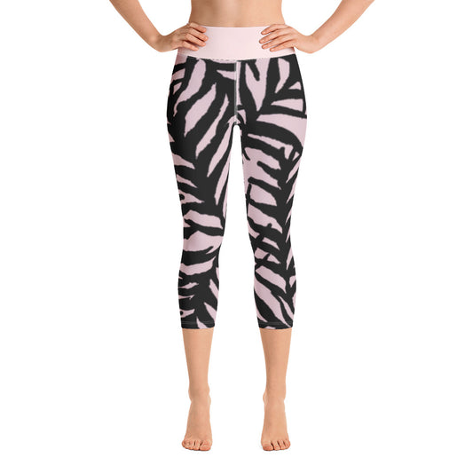 Pink and Black Leaf Yoga Capri Leggings