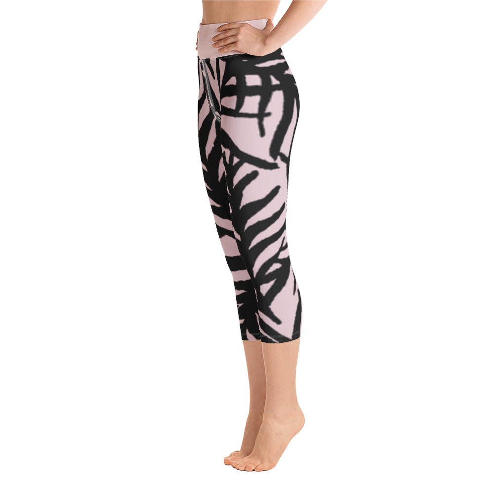 Pink and Black Leaf Yoga Capri Leggings